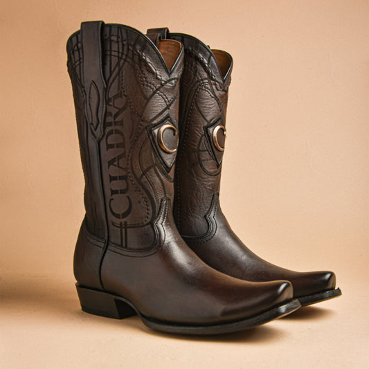 Engraved brown leather western boot