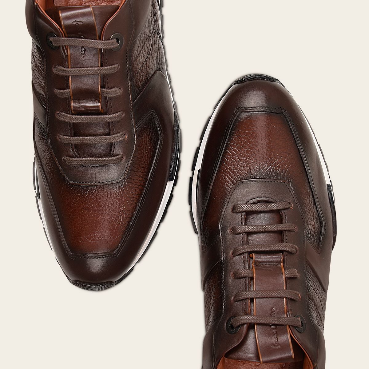 Brown deer leather sneakers, deer and bovine leather with laces