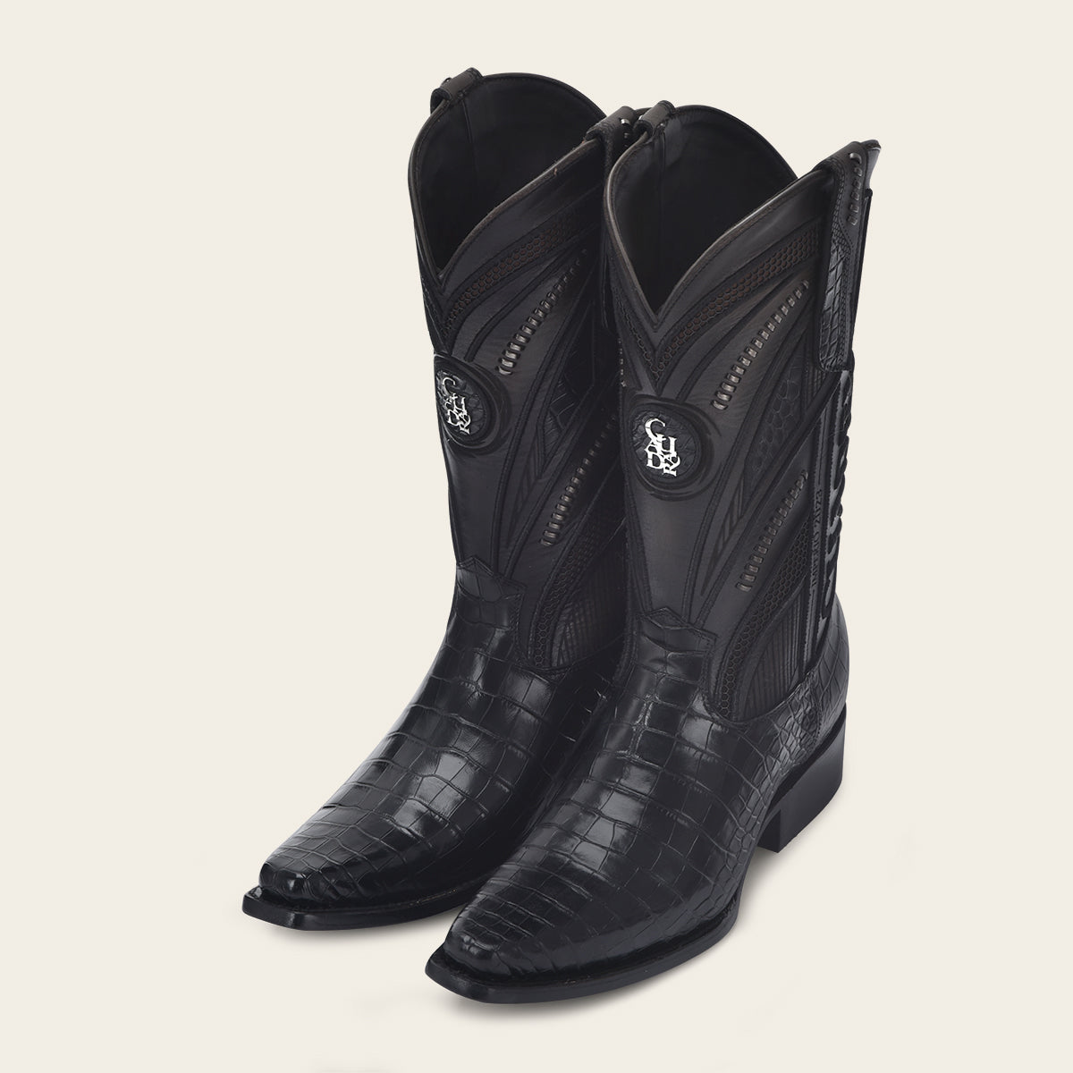 Engraved high exotic black leather boot