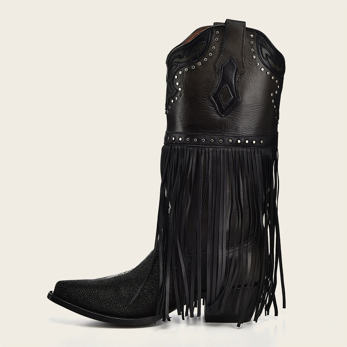 Black exotic leather fringed cowboy boot