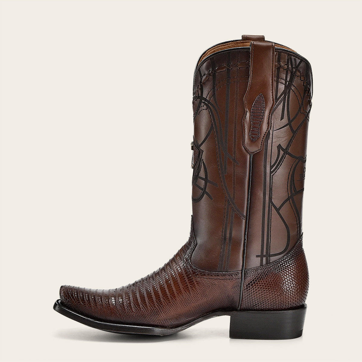 Engraved honey exotic lizard leather boot