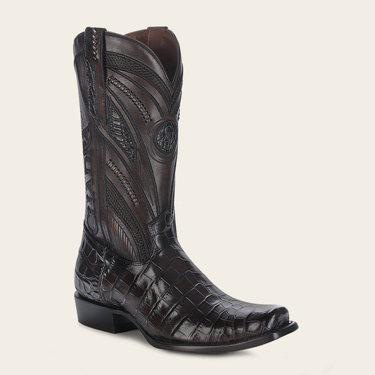 Ethnical engraved dark brown high exotic leather traditional western boot