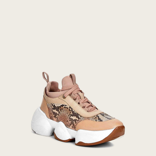 Python peach leather sneakers, Sneakers for women in genuine python leather, with lycra application, lace up and two-color double-density sole.
