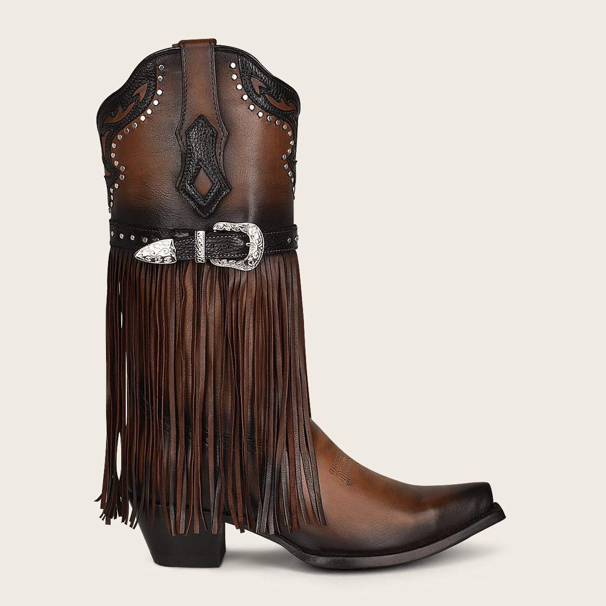 Brown fringed cowboy boot