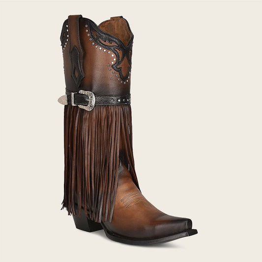 Brown fringed cowboy boot, for women in bovine leather.