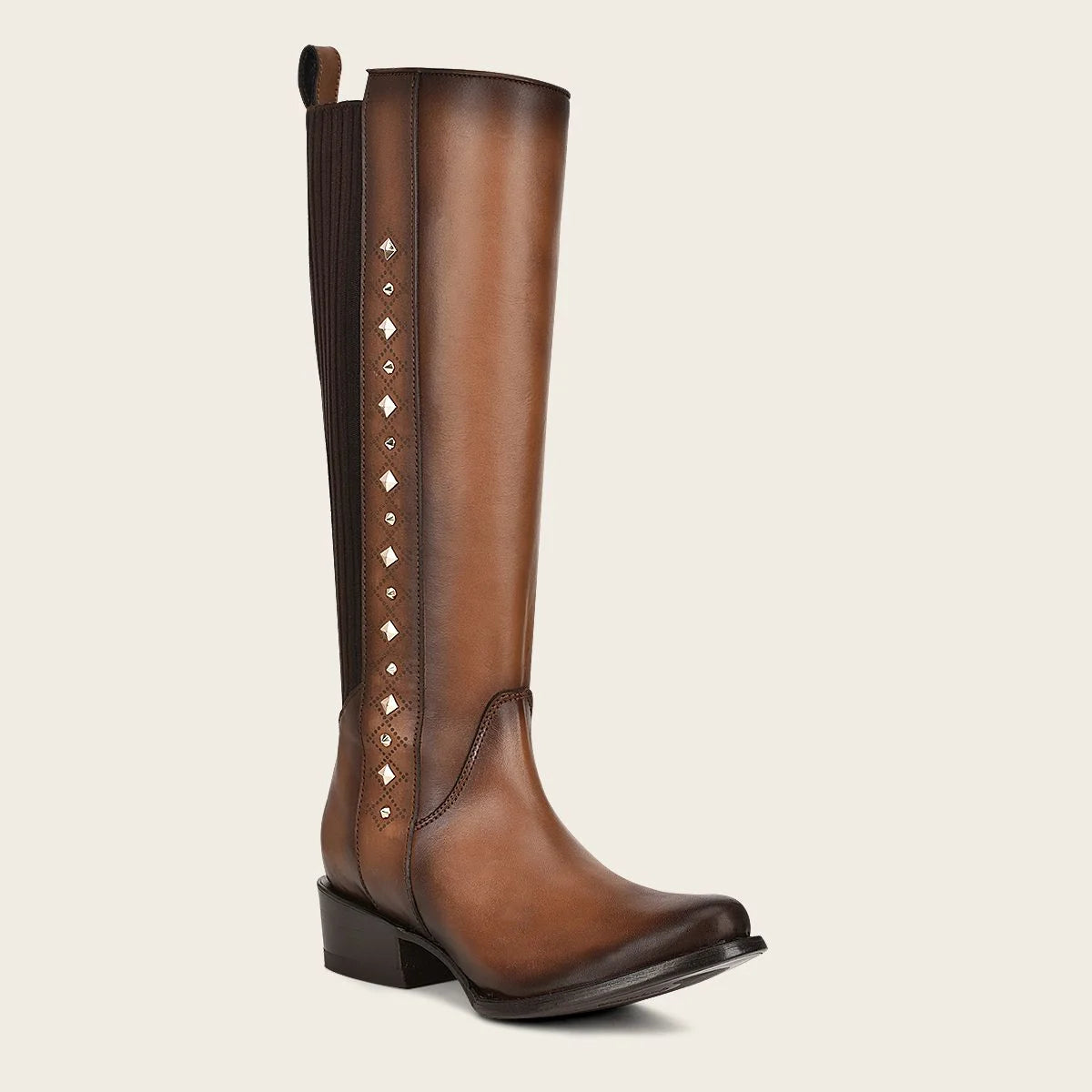 Brown high boot with laser engraving and studs - 1X4FRS - Cuadra Shop
