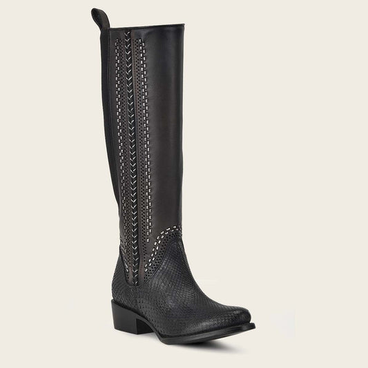 High black exotic leather boot with different textures