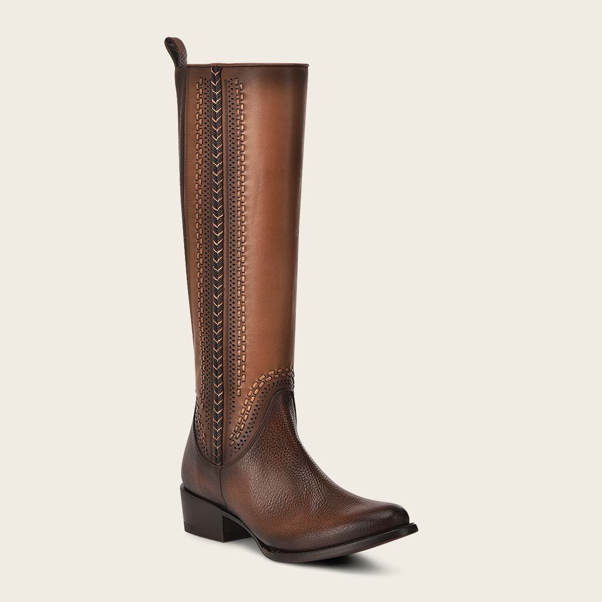 High brown boot with different textures