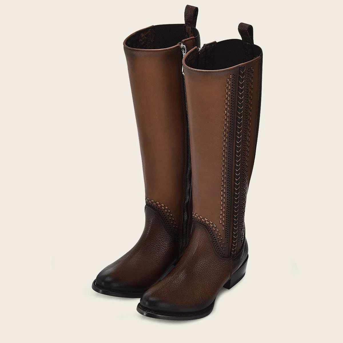 High brown boot with different textures