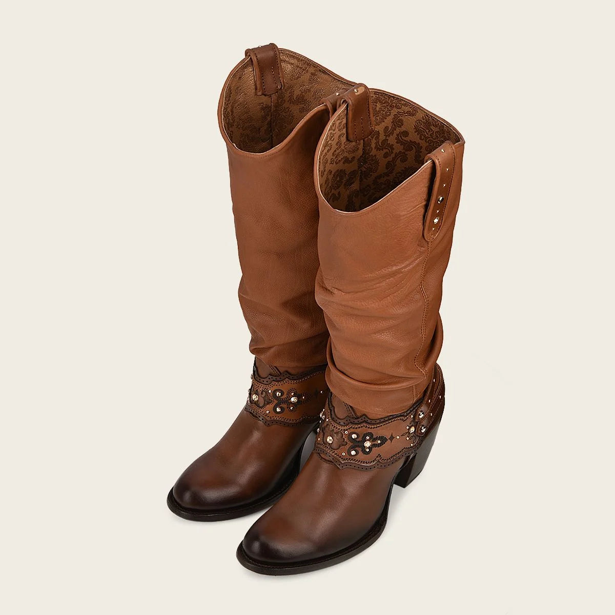 Hand painted honey leather boots, with loose tube for comfort and ease of wea