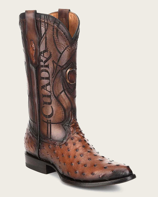 Men's Brown Exotic Leather Boots: Handcrafted cowboy boots in ostrich and bovine leather for a stylish Western look.