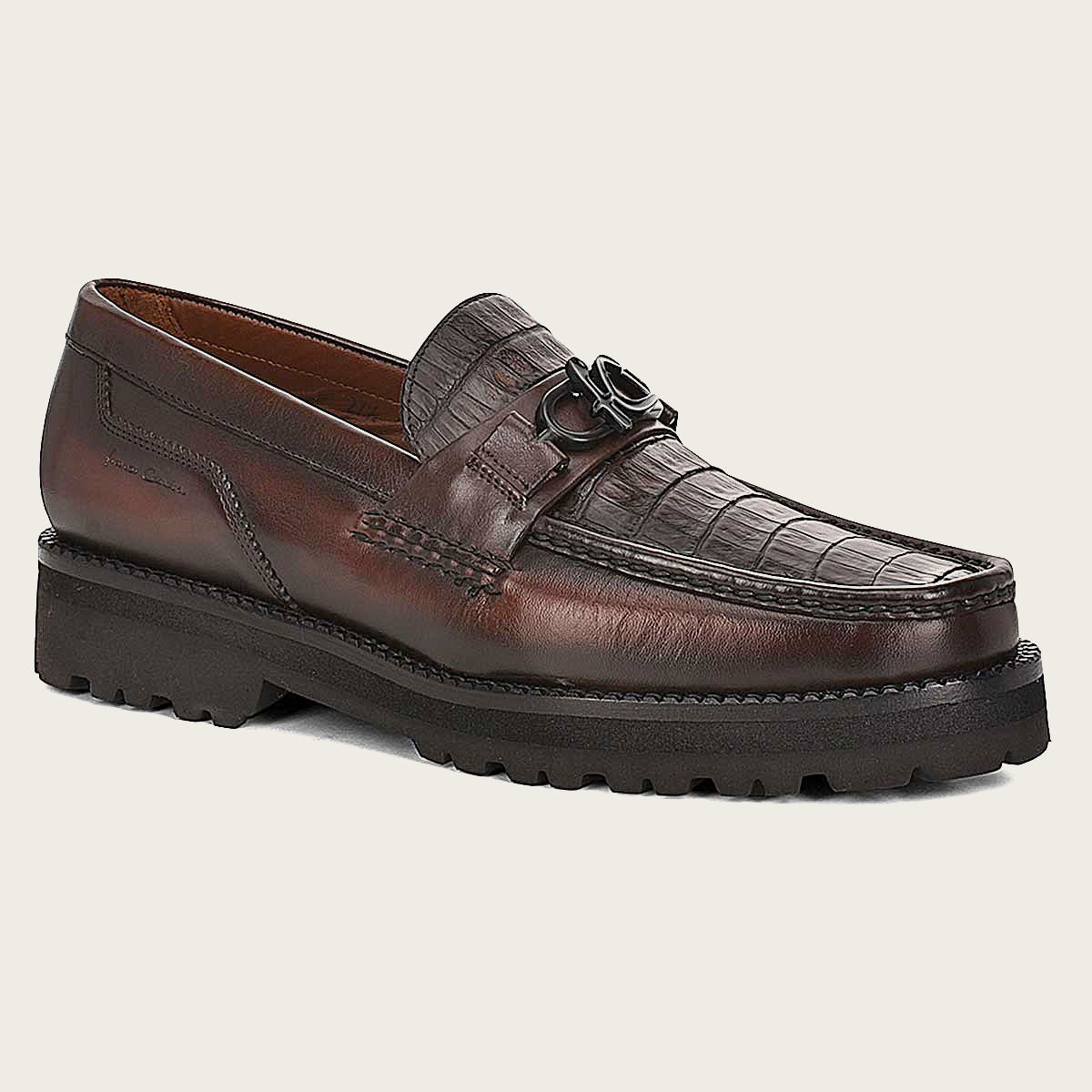 Men loafer shoe in brown genuine cayman leather