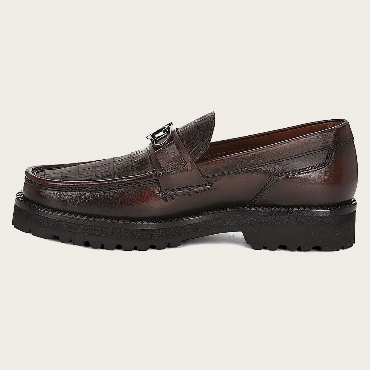 brown leather men's loafer shoes, carefully crafted from genuine Cayman leather and bovine leather