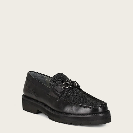 Black leather men loafers, stingray leather and bovine leather