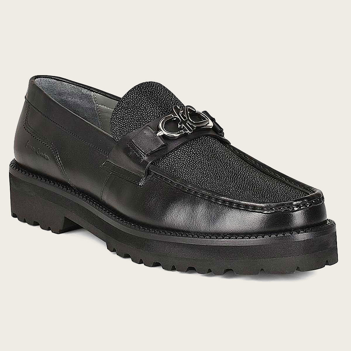 Black leather men loafers, stingray leather and bovine leather