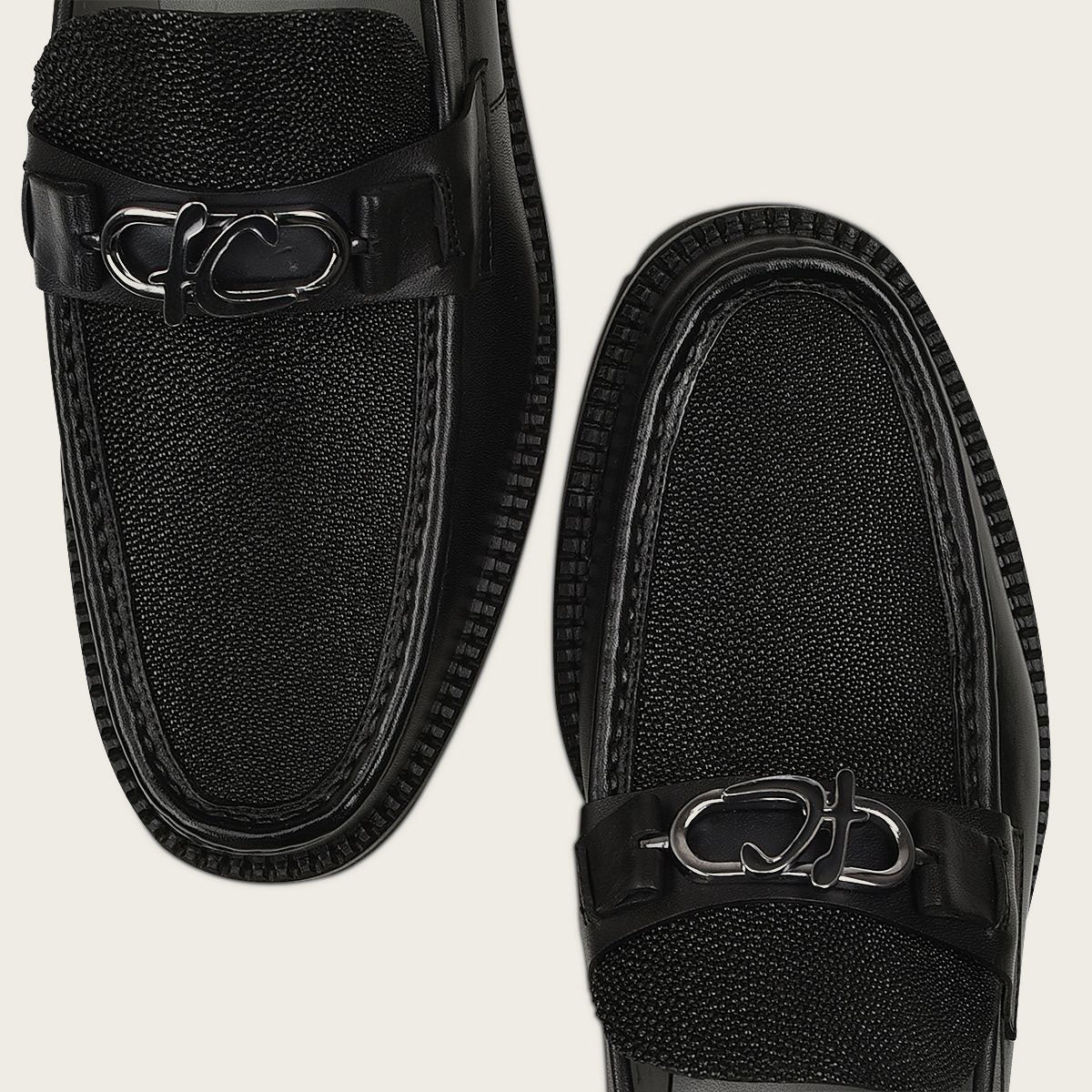 Black leather men loafers, stingray leather and bovine leather. Franco Cuadra monogram hardware