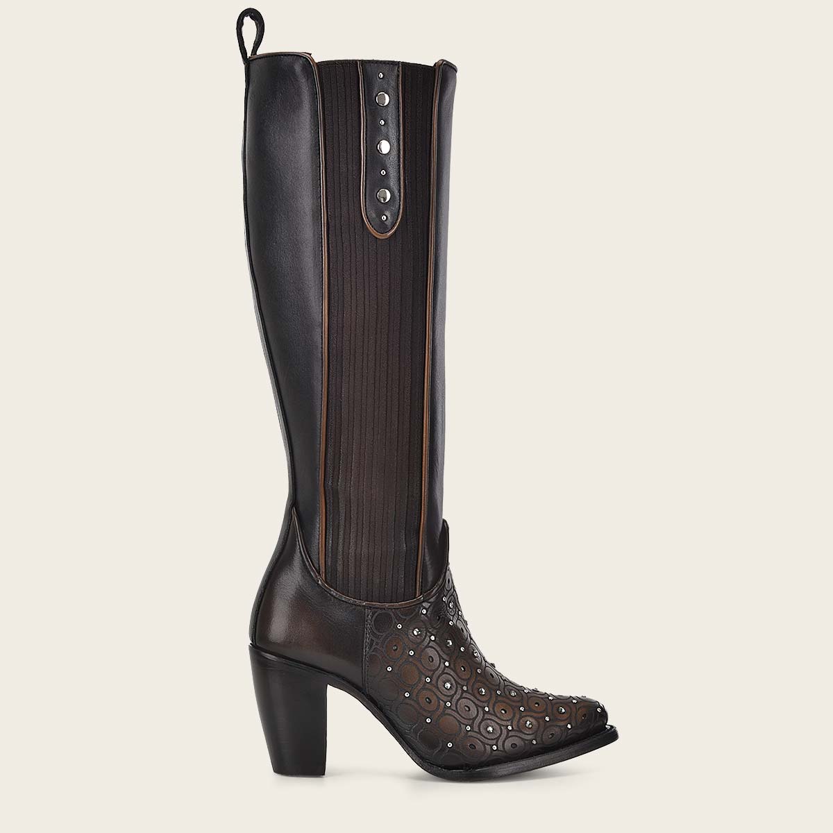 Dark brown tall boot with austrian crystals detail