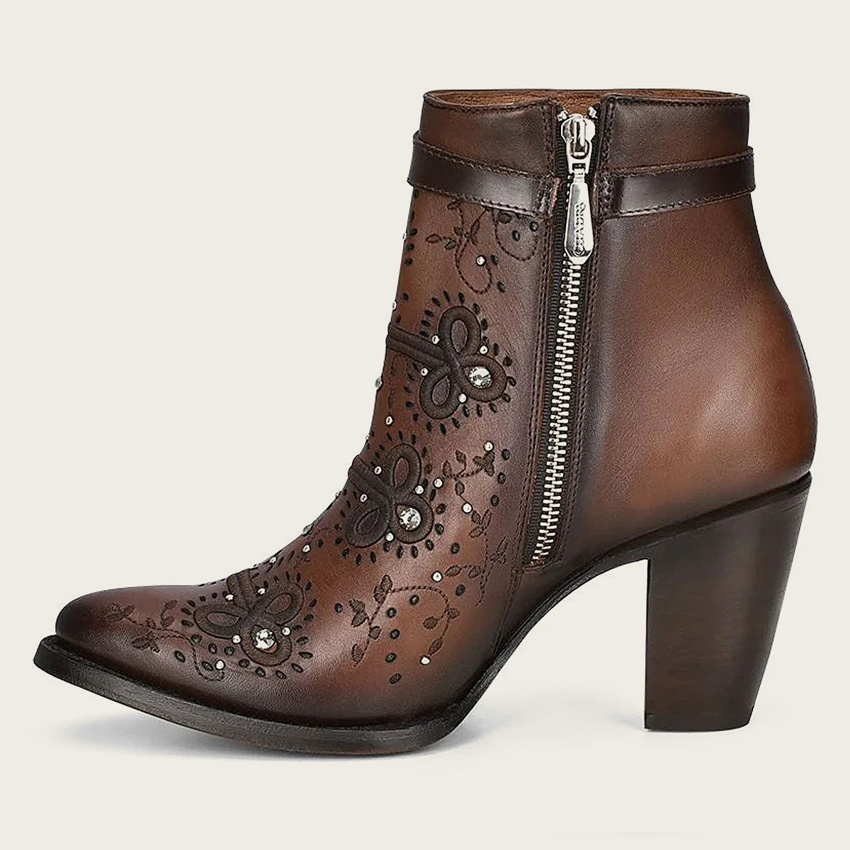 Brown perforated and embroidery bootie with crystals