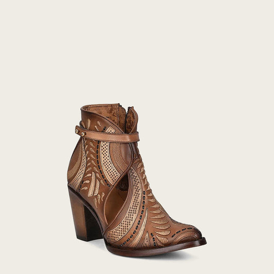 Embroidered and perforated in geometric motifs honey leather bootie