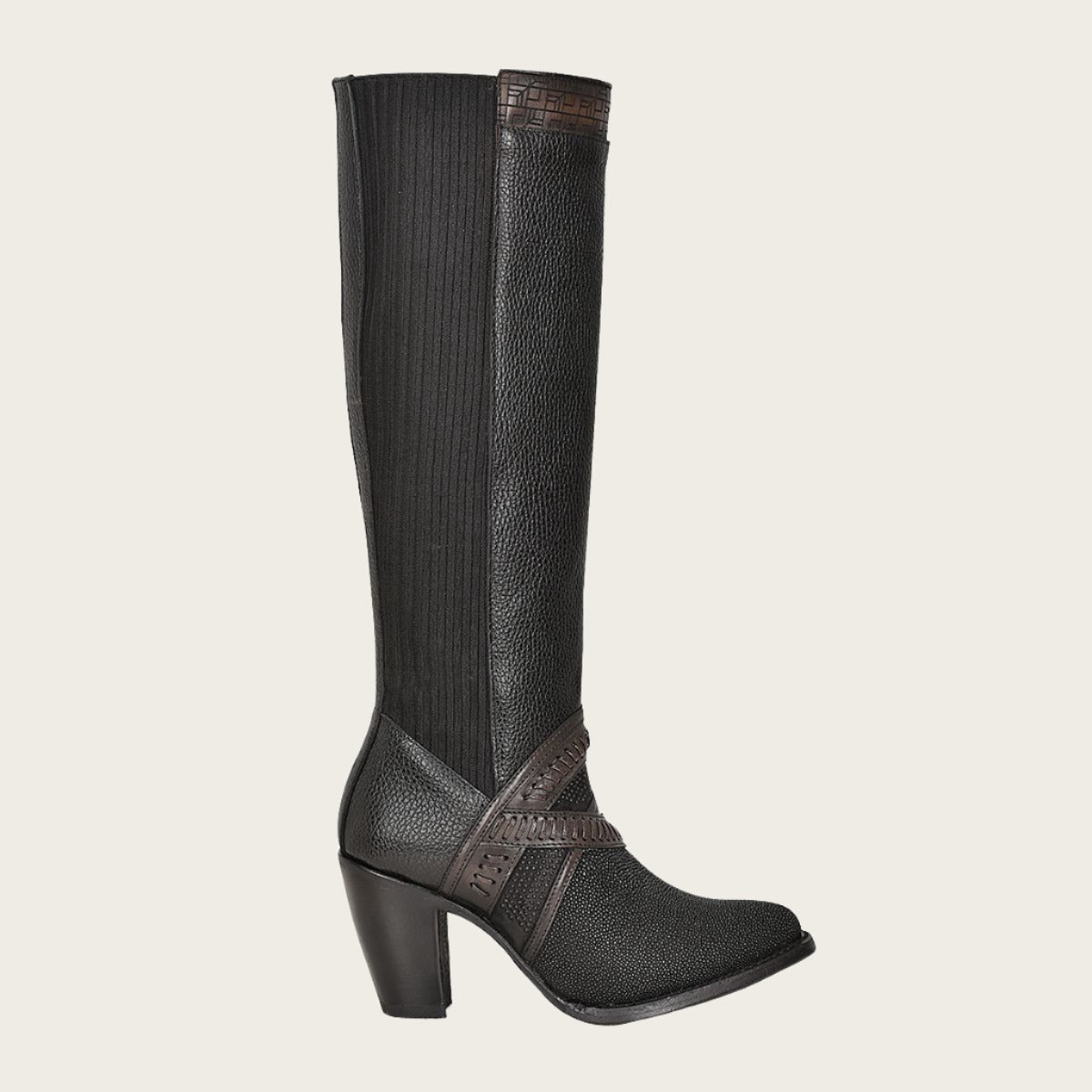 Black exotic riding boot with hand-woven details