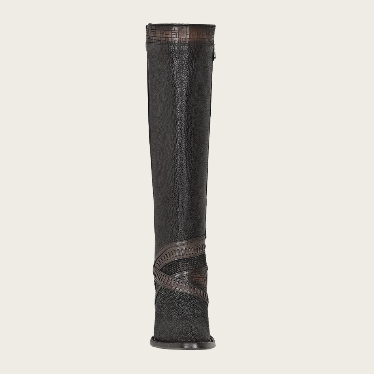 Black exotic riding boot with hand-woven details