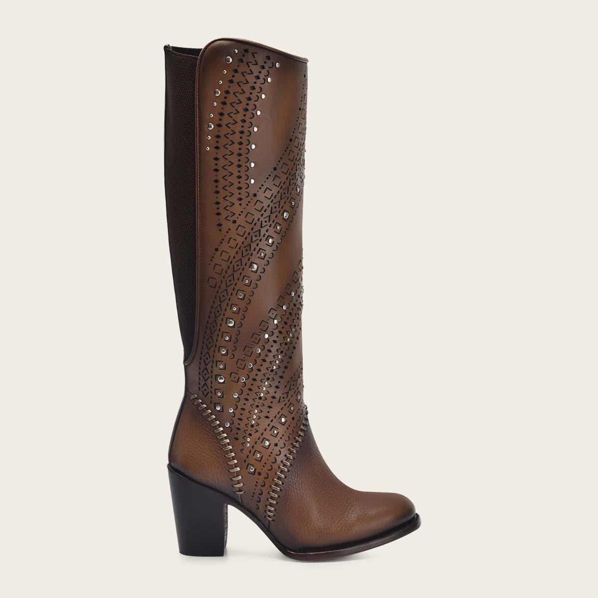 Decorated brown leather tall boot with perforations - 3W21RS - Cuadra Shop
