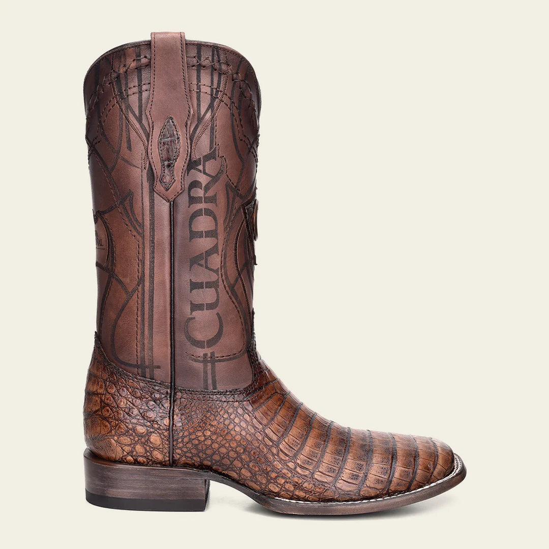 Engraved honey brown exotic leather cowboy boots