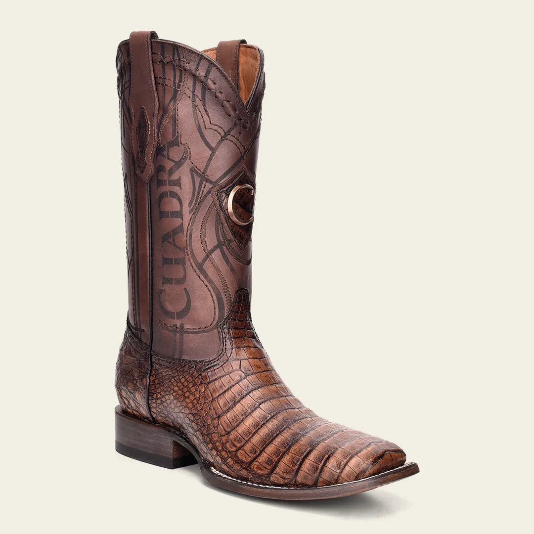 Engraved honey brown exotic leather cowboy boots