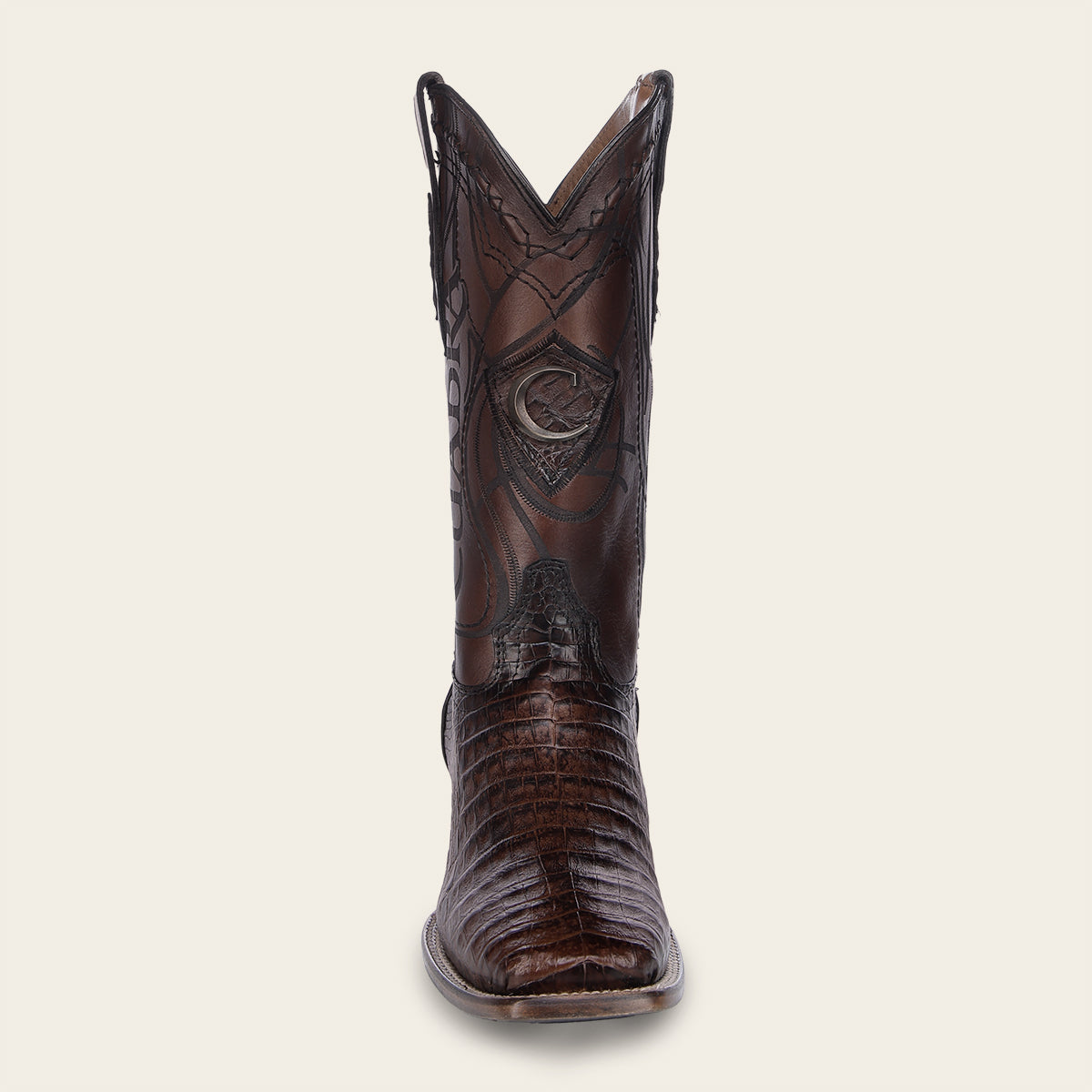 Engraved honey exotic cayman leather boot