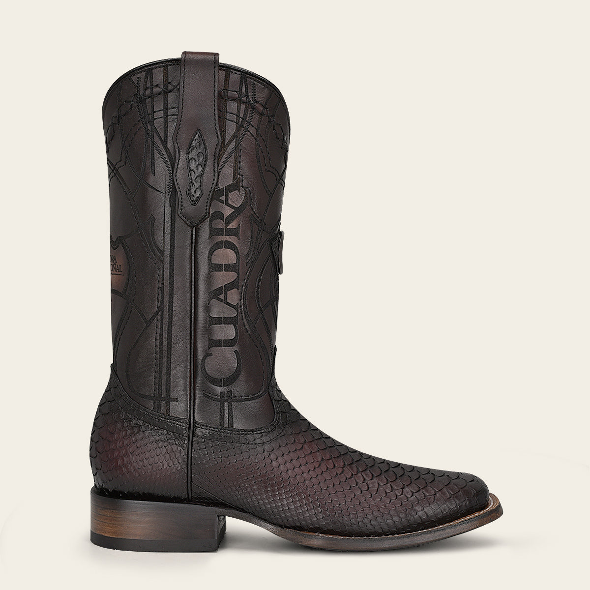 Engraved mahogany python leather western boot