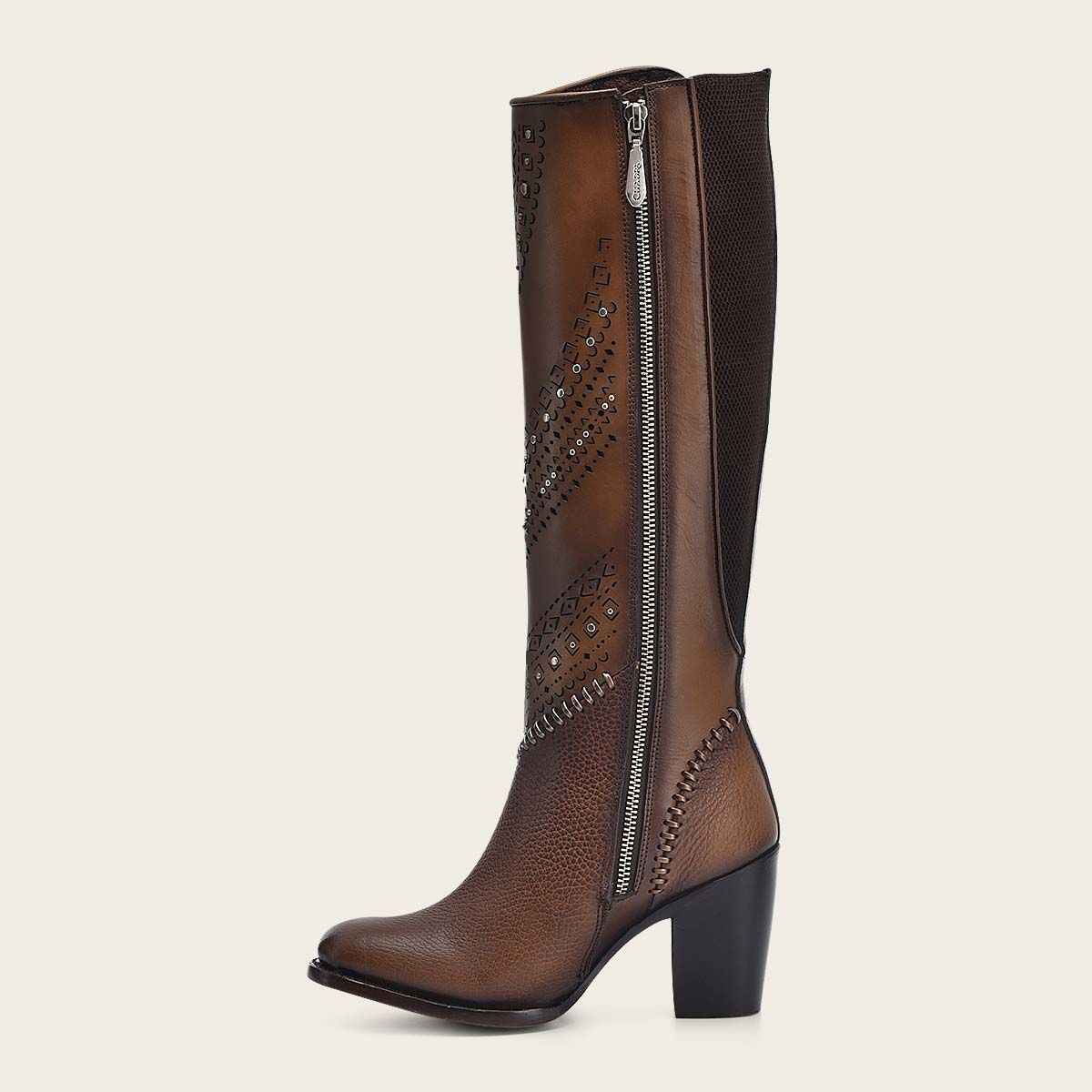 Decorated brown leather tall boot with perforations - 3W21RS - Cuadra Shop