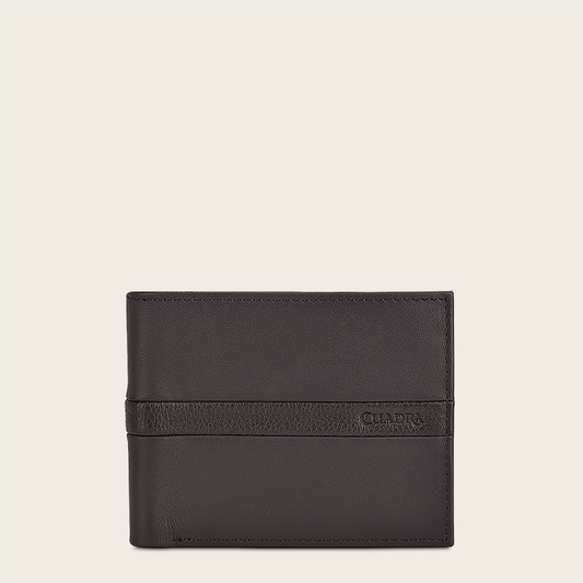 Brown bovine leather wallet with contrasting leather strap