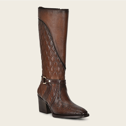 Genuine python brown leather with grid detail tall boot