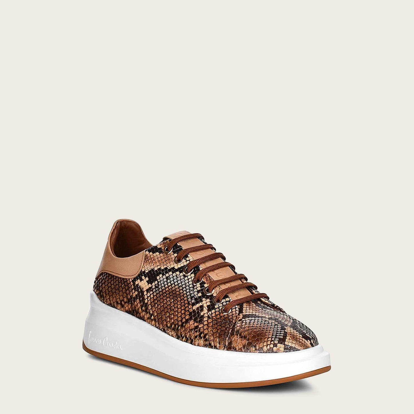Python brown leather sneakers, python brown leather. The intricate applications in bovine leather add a touch of uniqueness to their design