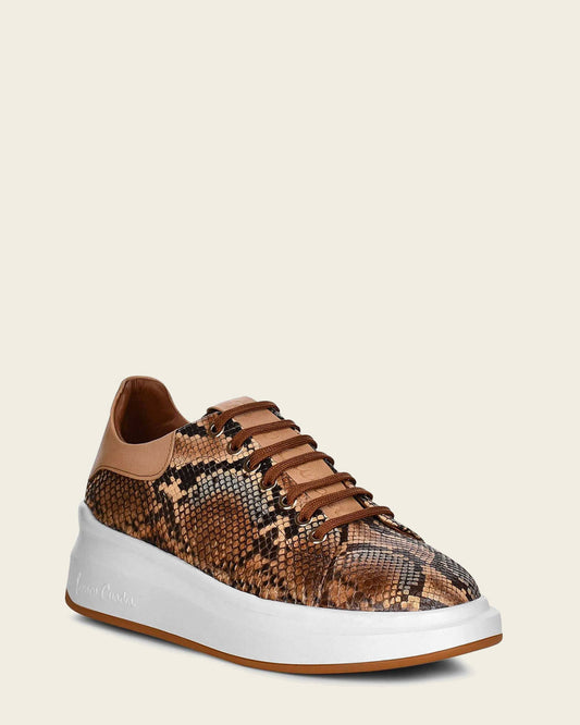 Python brown leather sneakers, python brown leather. The intricate applications in bovine leather add a touch of uniqueness to their design