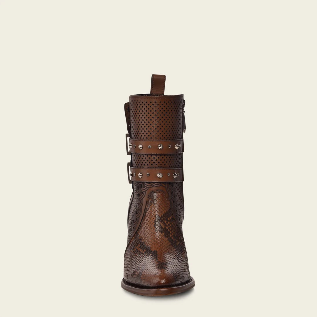 Honey brown leather tall ankle bootie with decorated stripes