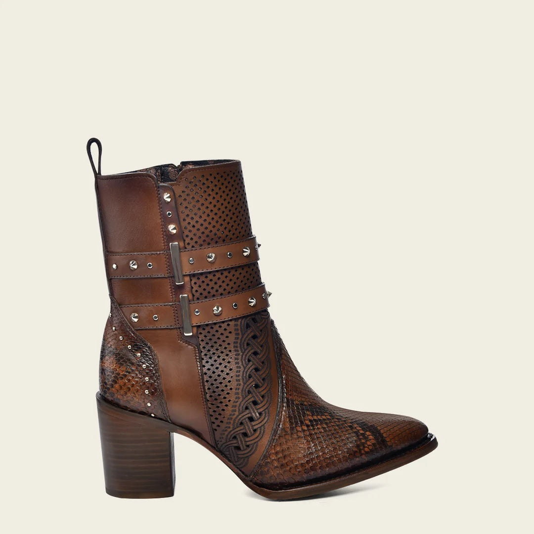 Honey brown leather tall ankle bootie with decorated stripes