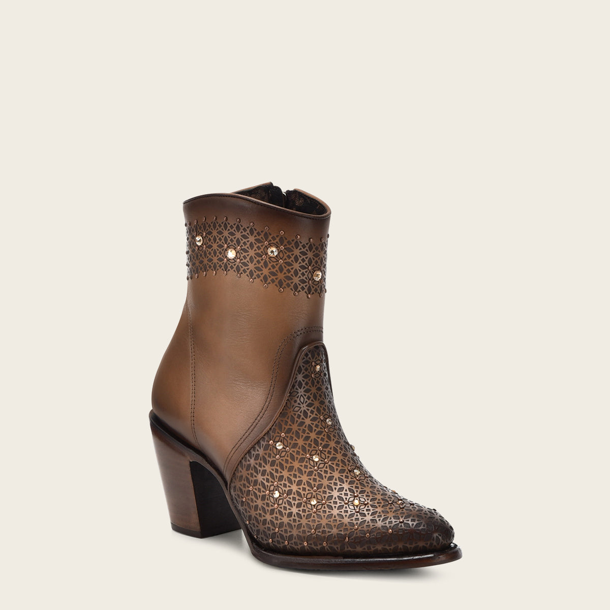 Perforated honey brown leather ankle bootie with Austrian crystals