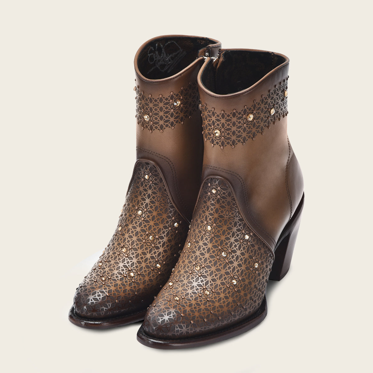 Perforated honey brown leather ankle bootie with Austrian crystals