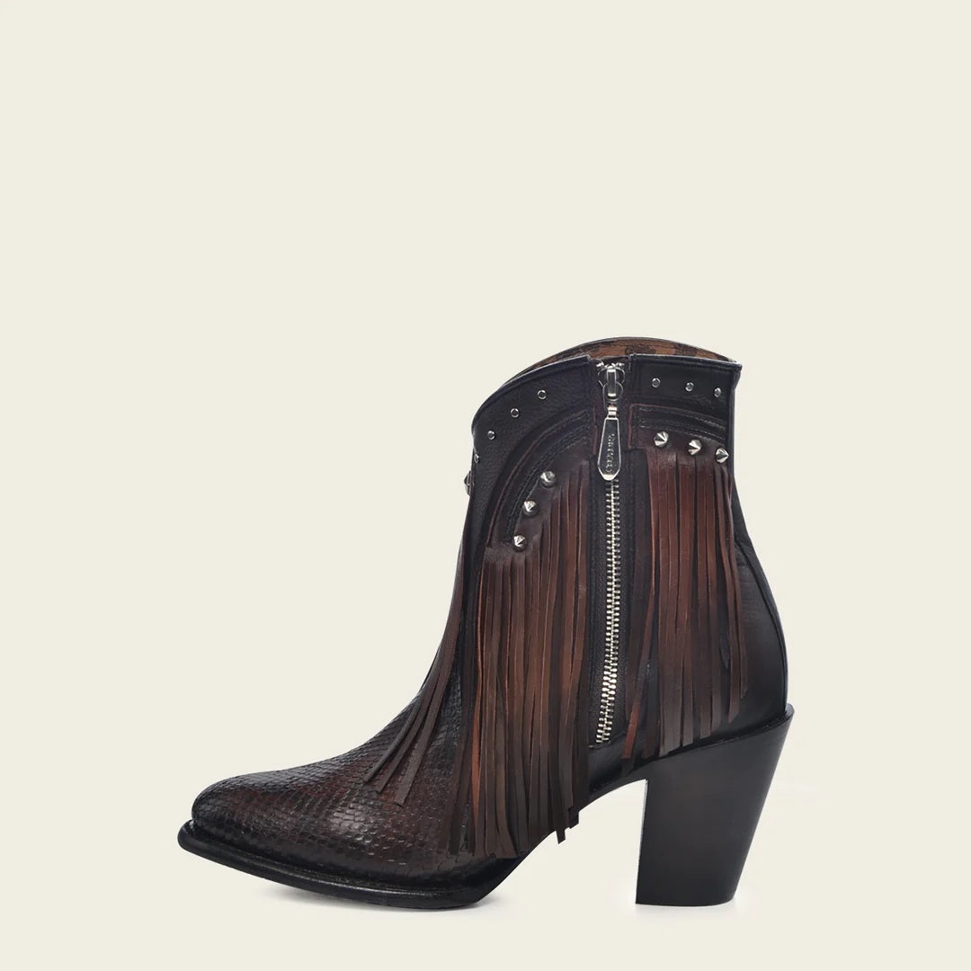 Dark brown ankle bootie for women with decorative fringes