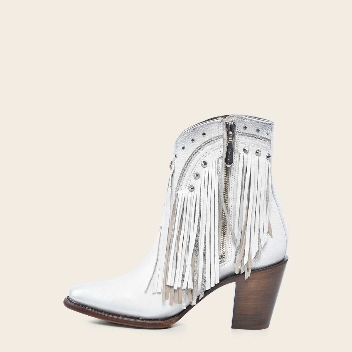 White ankle bootie for women with decorative fringes