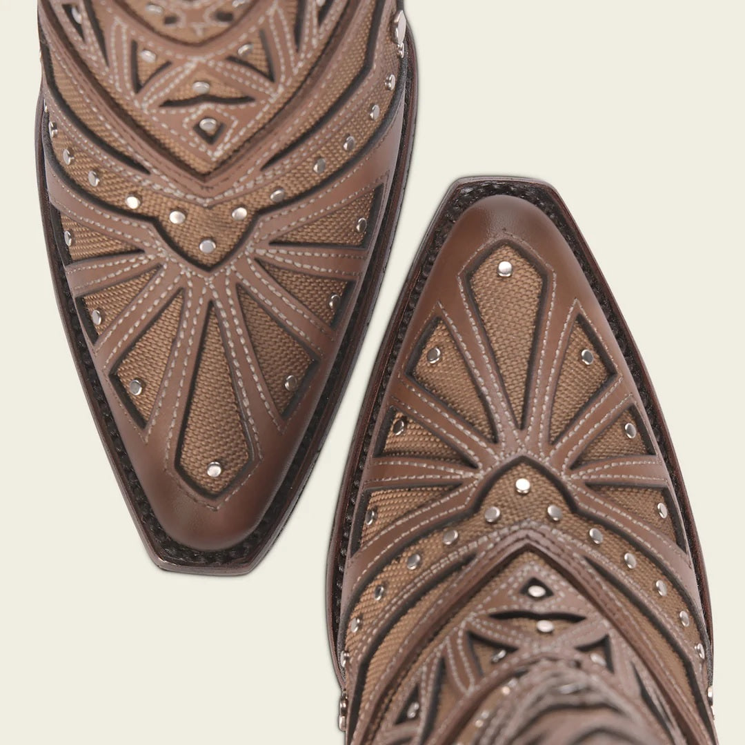 High heel artisan decorated honey leather bootie