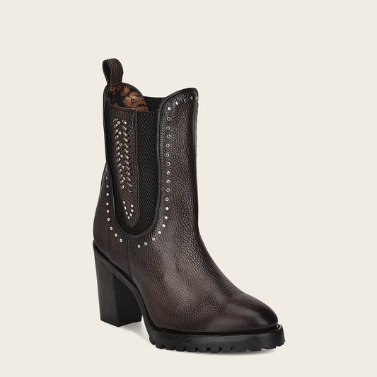 Dark Brown urban leather booties, hand made fabric and studs