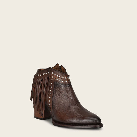 Brown leather bootie with metal studs and leather fringes