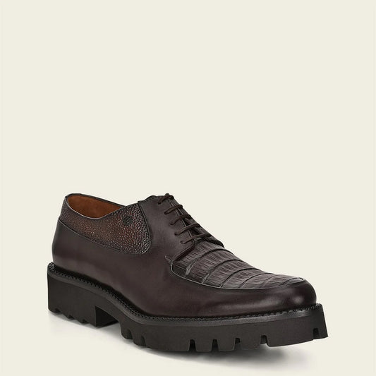 Men brown derby shoe with contrasting exotic cayman leather
