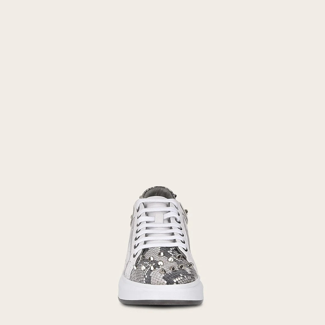 Genuine python white leather sneakers and metallic studs
