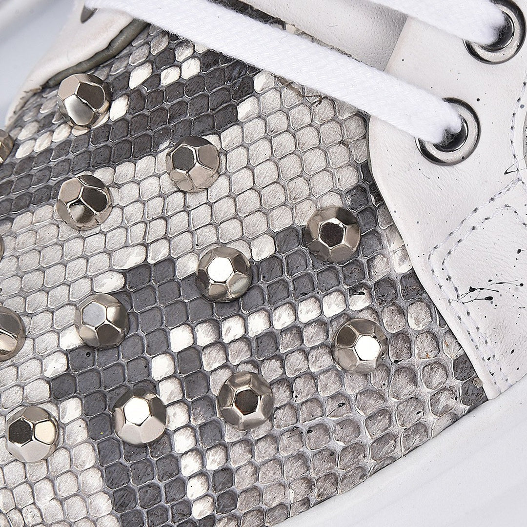 Genuine python white leather sneakers and metallic studs