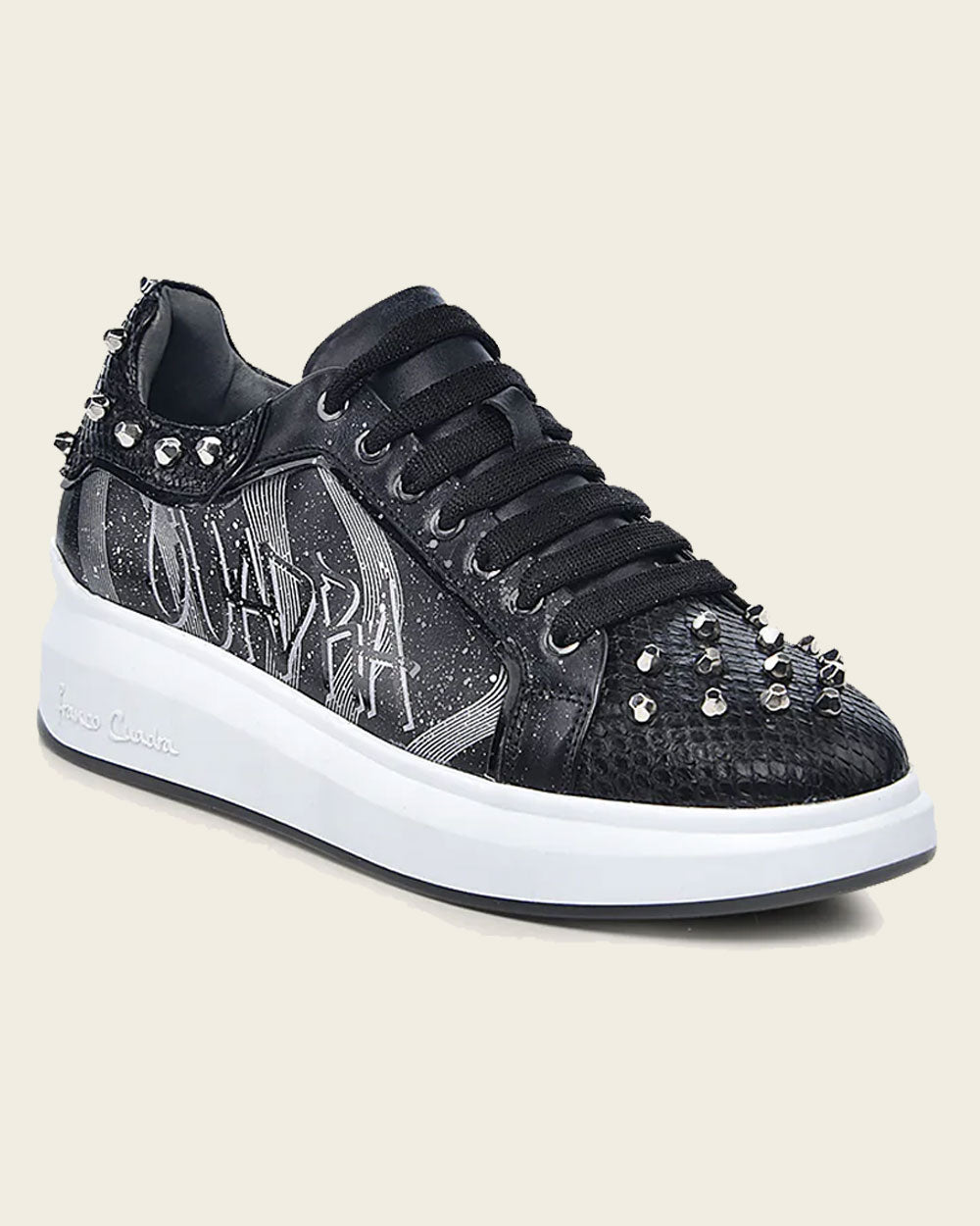 Genuine python black leather sneakers and metallic studs