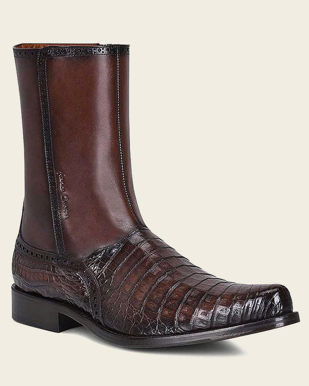Hand-painted exotic boots: Bold statement in unique cayman & bovine leather.