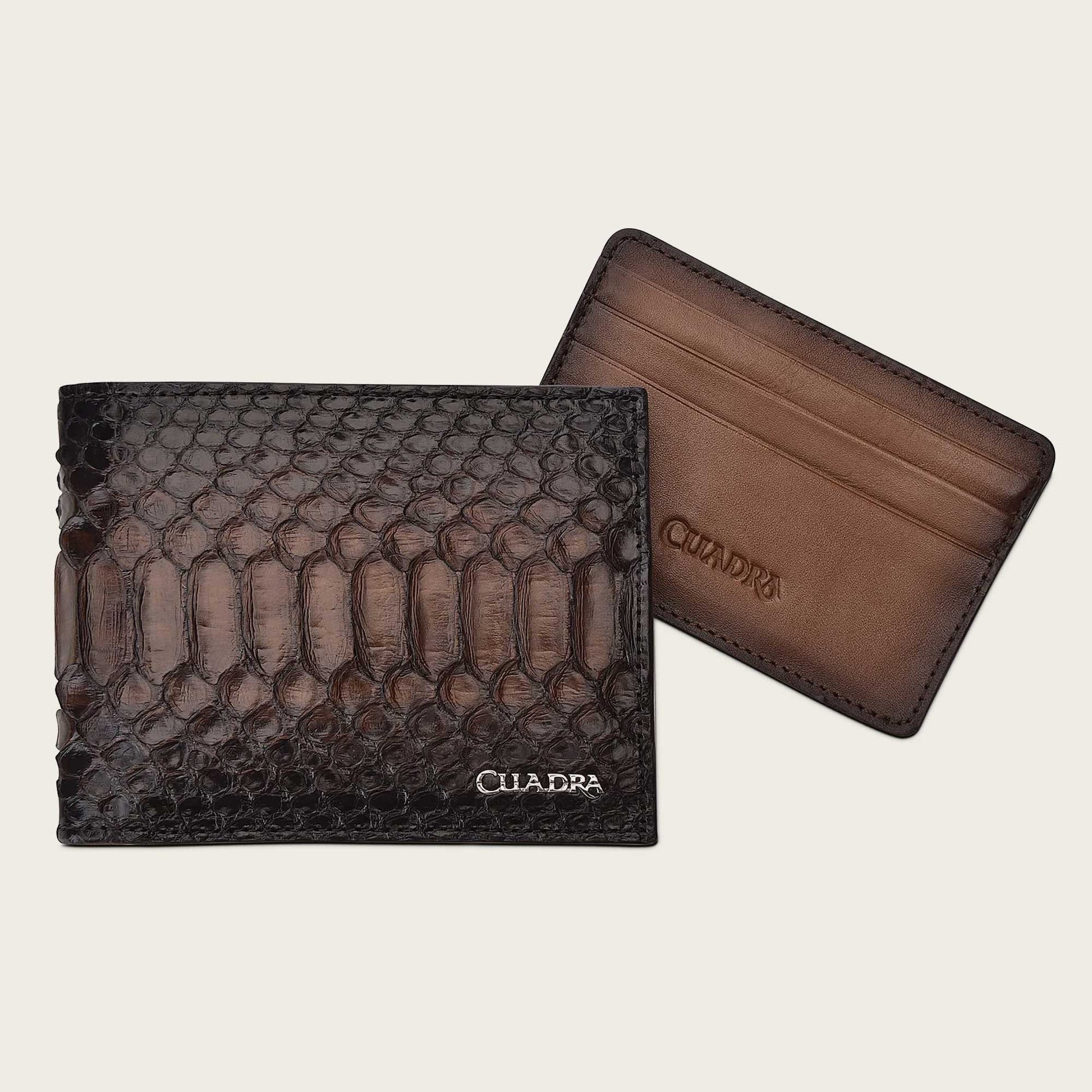 Bifold Compact Python Leather Wallet, Dark Brown